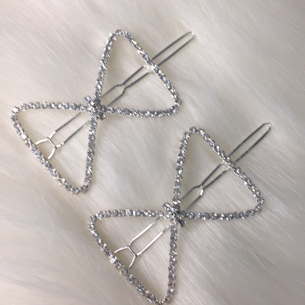 Rhinestone Bow Hair Clips silver trim NWT